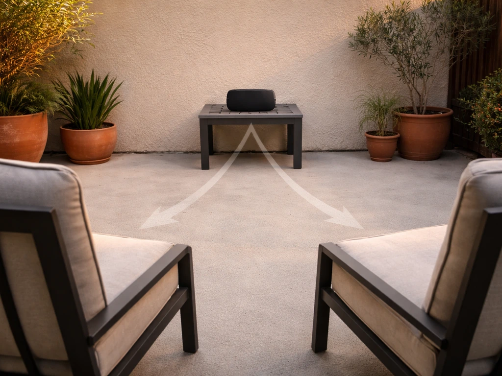 Portable Bluetooth speaker on a small patio positioned at ear height, facing outdoor seating.