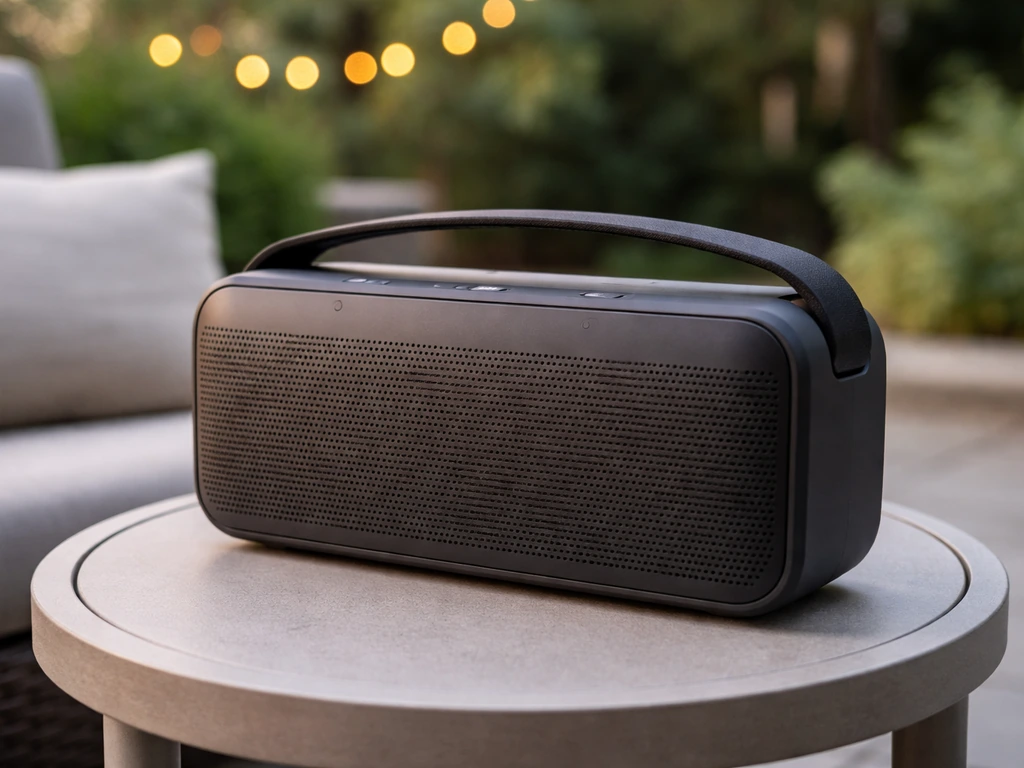 Bose SoundLink Max portable speaker playing on a patio table in soft evening light.