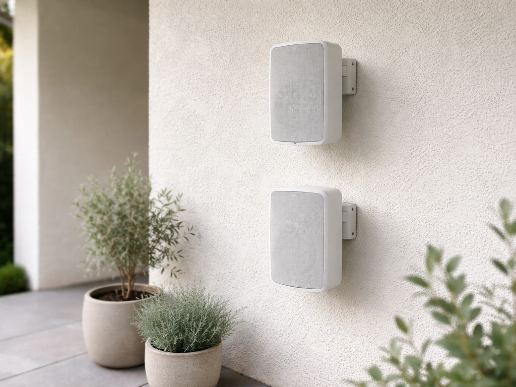 Pair of outdoor architectural speakers mounted on a patio wall with subtle plants and natural daylight.