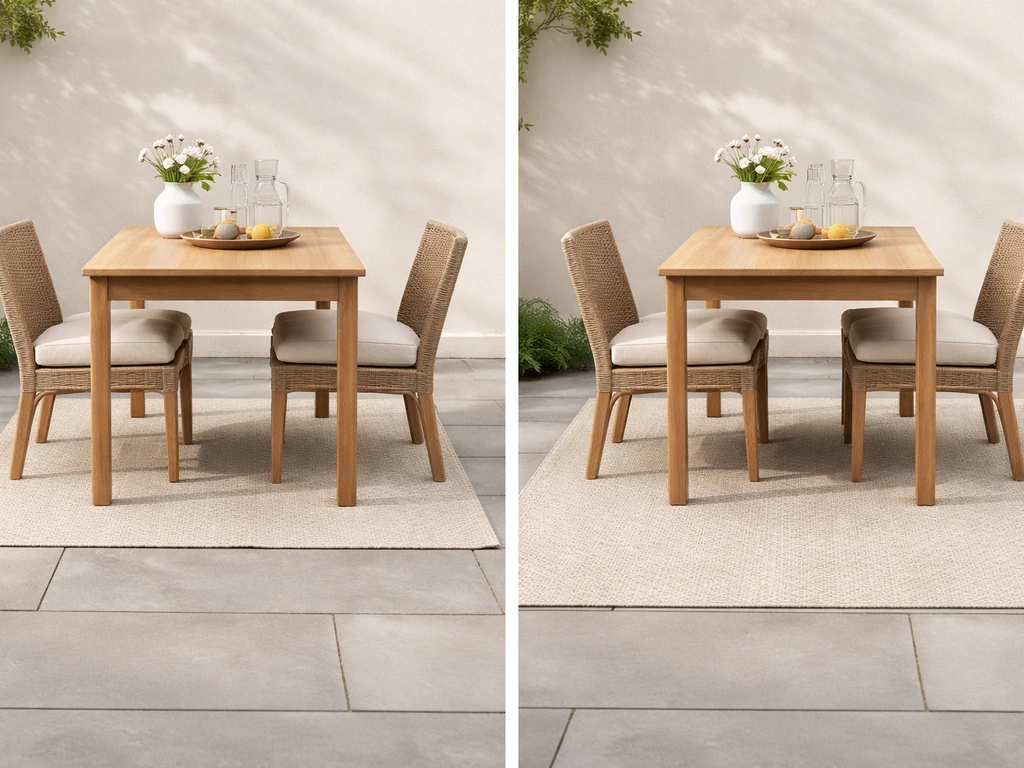 Patio dining setup showing a too-small rug beside a properly sized rug under chair legs.