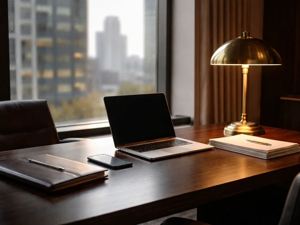 Minimal luxury office desk with laptop and smartphone, symbolizing finance and real estate wealth.