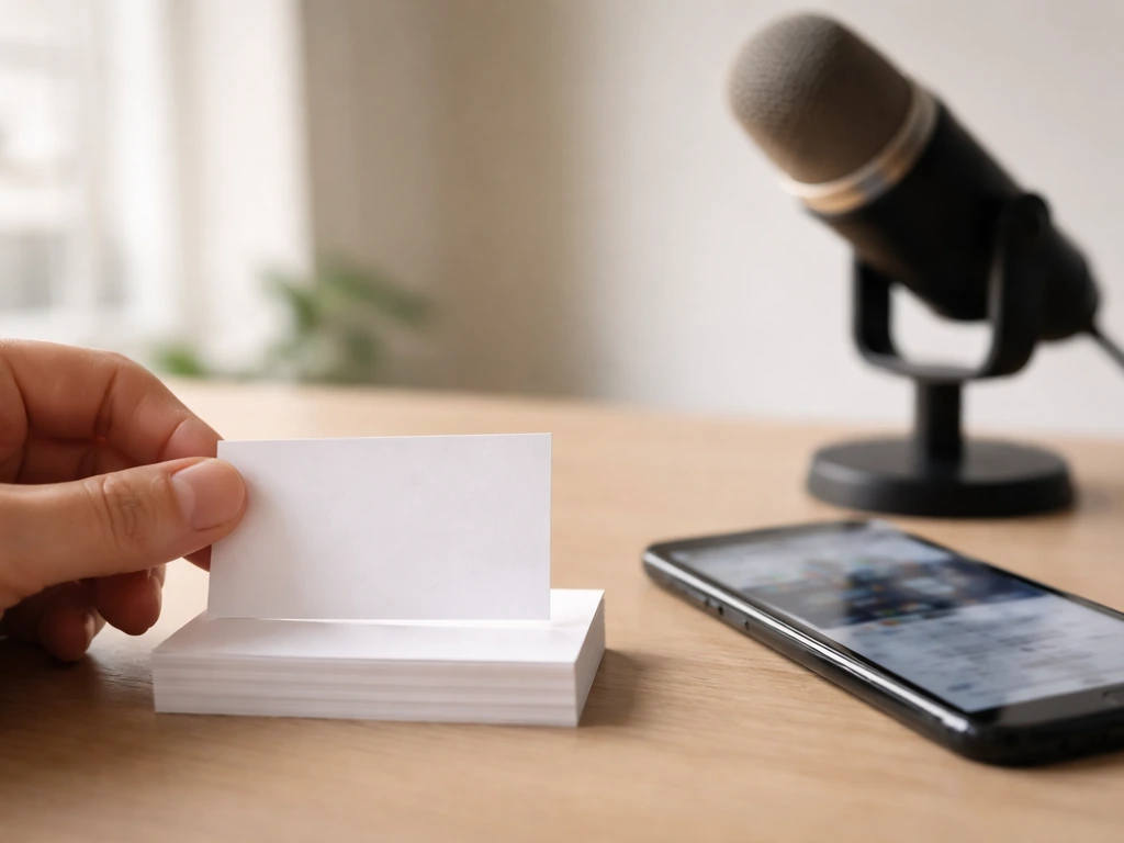 Minimal desk with blank business cards, a microphone, and a phone, suggesting multiple profiles for Mark Patterson.