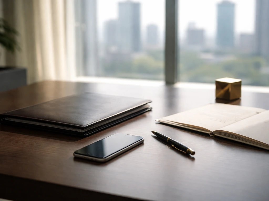 Minimal office scene with a smartphone, pen, and open folder beside a blurred city skyline symbolizing investment income