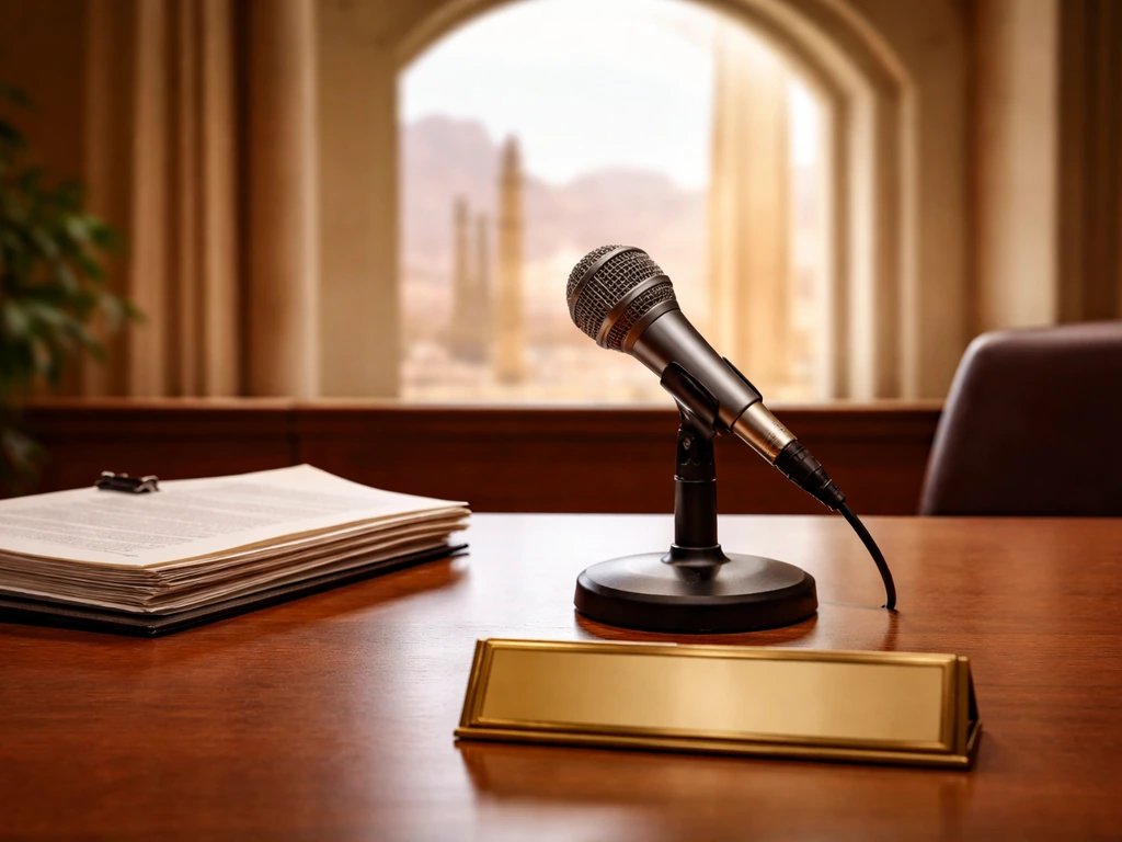 Arizona-themed courtroom office scene with a microphone and documents, symbolizing an attorney general.