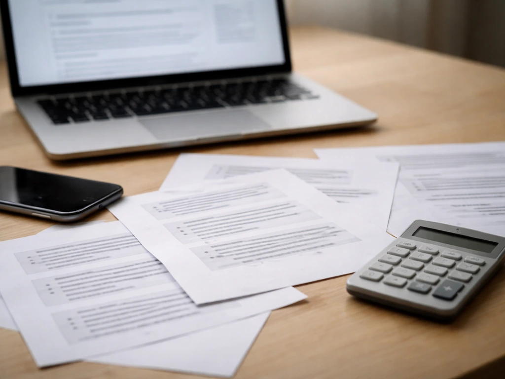 Close-up of a desk with mixed web printouts and a calculator, suggesting differing net worth estimates