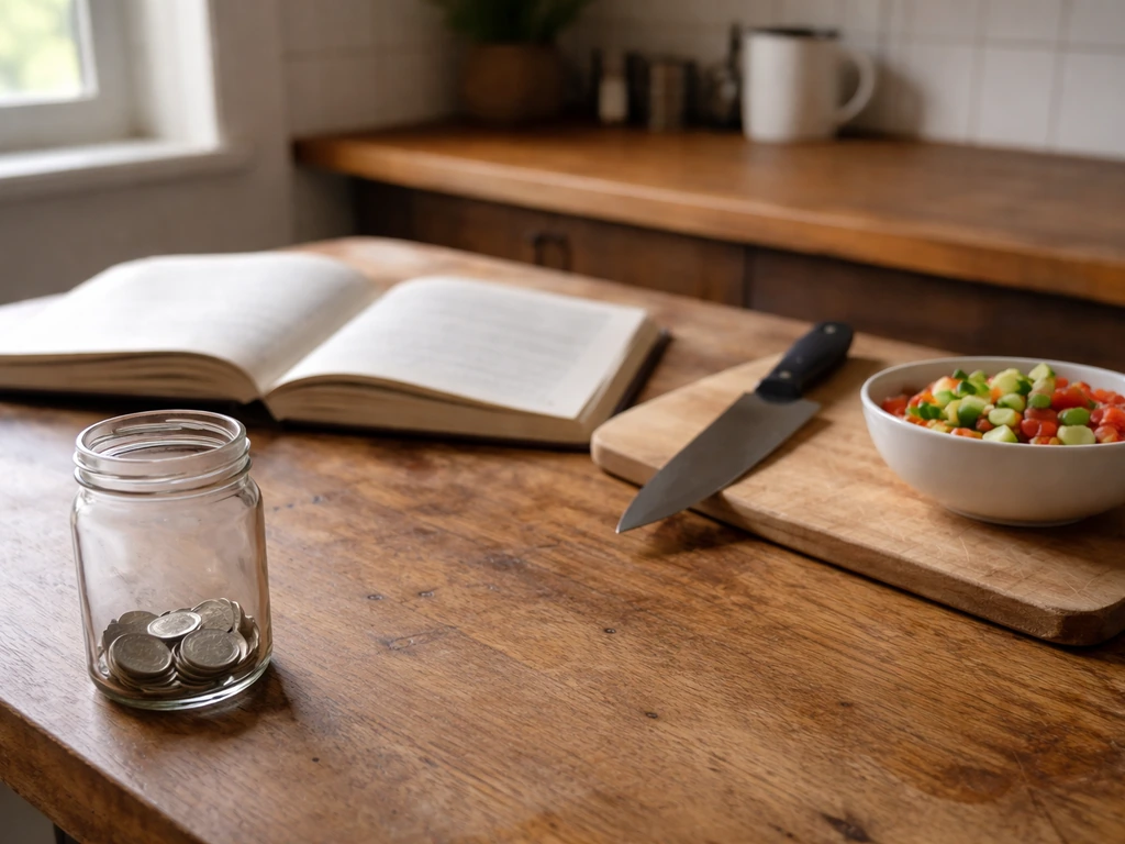 Open cookbook on a kitchen counter with coins nearby, symbolizing money curiosity and food writing.