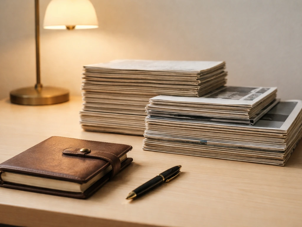 Minimal desk scene with magazines and planner arranged in stepped blocks to suggest an income timeline.