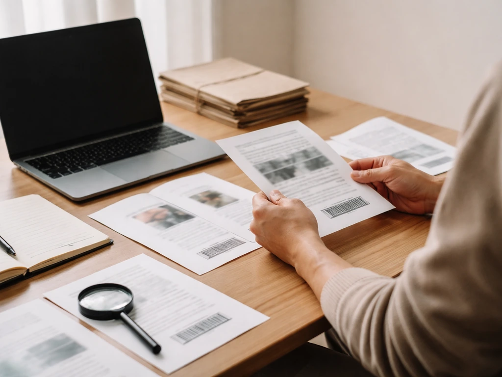 Anonymous researcher checks books and archives on a desk with a magnifying glass and blurred pages.
