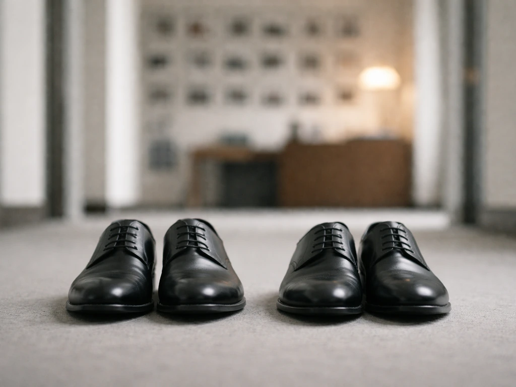 Two anonymous dress shoes in a quiet office corridor, suggesting identity confusion between similar names.