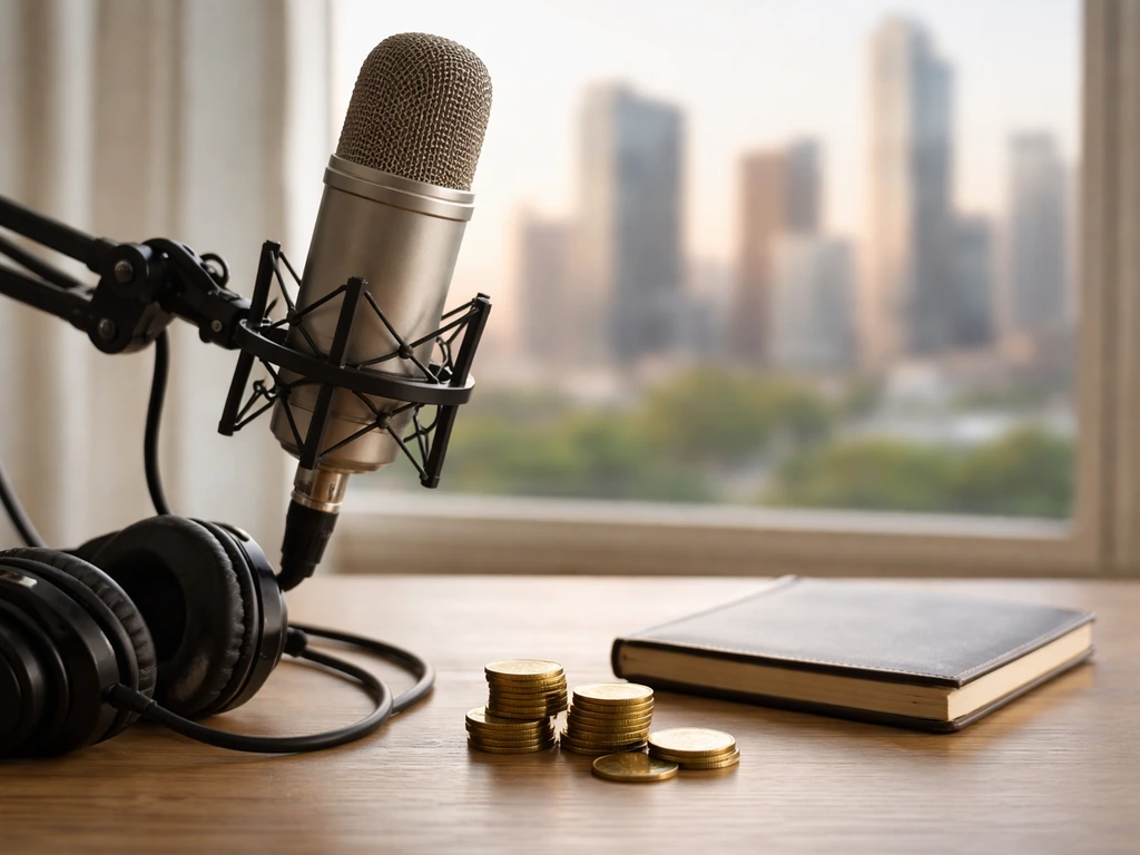 Podcast studio desk with microphone, coins, and blurred city view symbolizing media earnings and investments.
