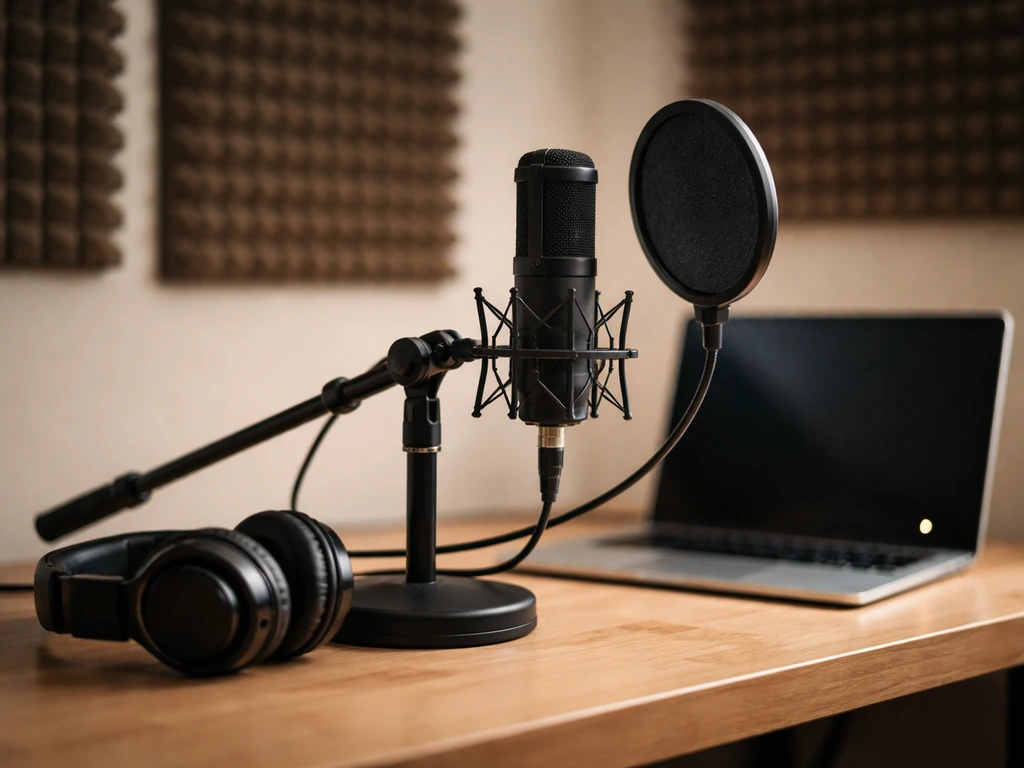 Microphone, headphones, and laptop in a minimal home podcast recording setup with natural light.