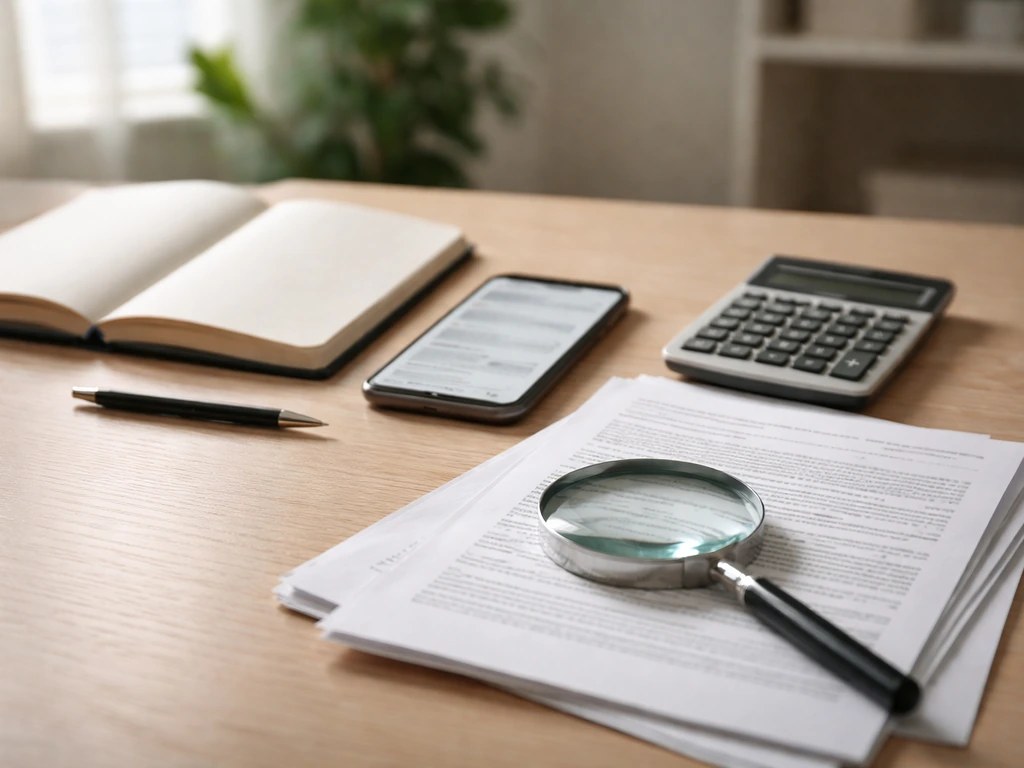 Desk with calculator, magnifying glass, and blank documents suggesting checking a financial figure’s credibility.