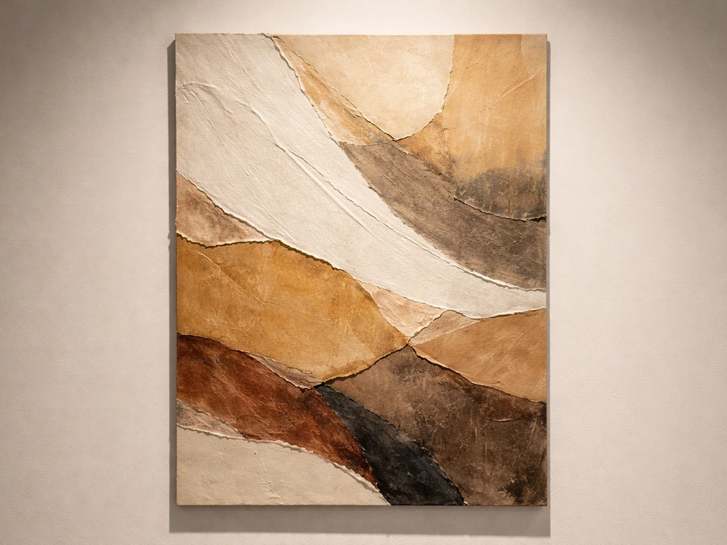 Close-up of an abstract artwork on an exhibition wall in a quiet gallery setting