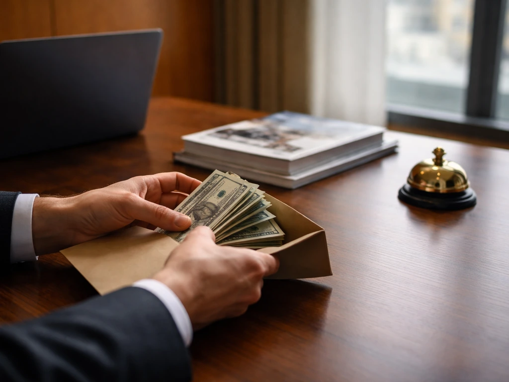 Anonymous art-world auction desk with a laptop, papers, and cash envelopes hinting at net worth analysis