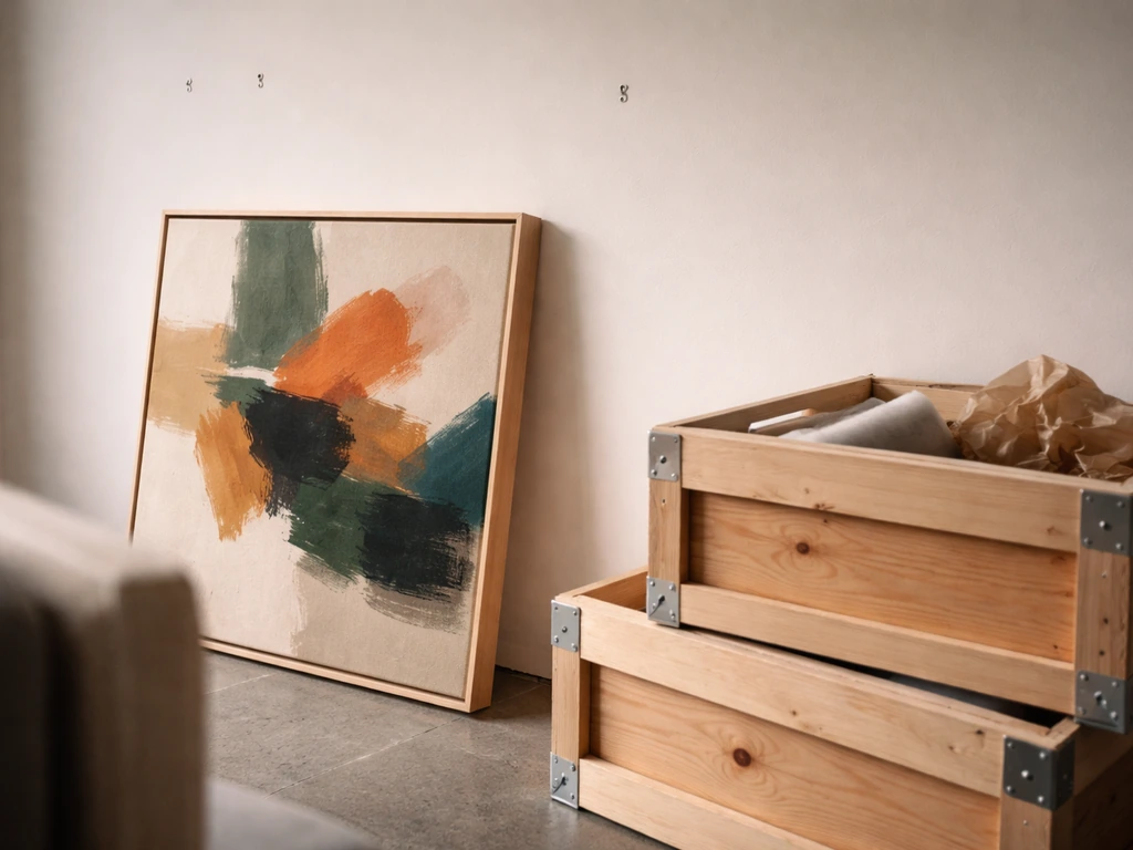 Close-up of framed artwork leaning on a gallery wall with shipping crates and packing materials nearby