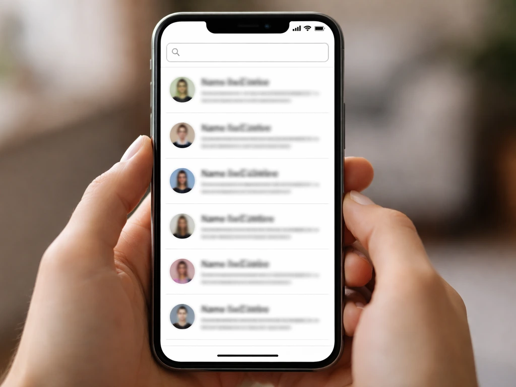 Smartphone showing blurred search results for similar names with different profile cards, name confusion theme.