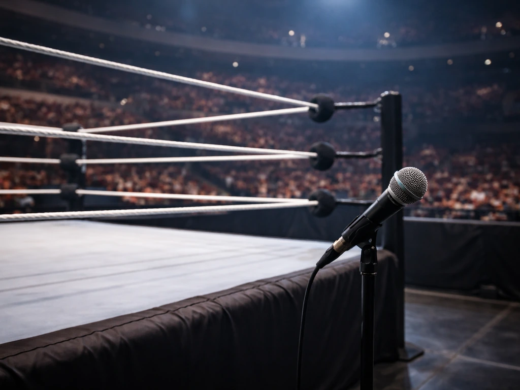 Empty WWE-style ring with a microphone setup near the apron in a dim arena
