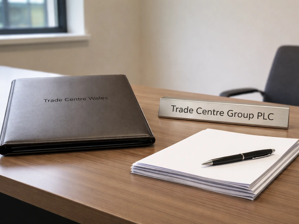 Close-up of a business desk with a binder stamped “Trade Centre Wales” and a nameplate for verification.