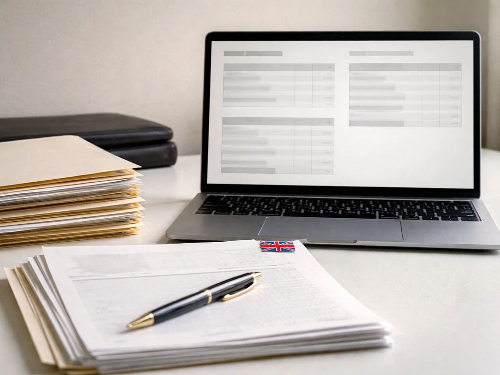 Minimal desk scene with a laptop open to blank accounts-style documents and a folder labeled UK filings