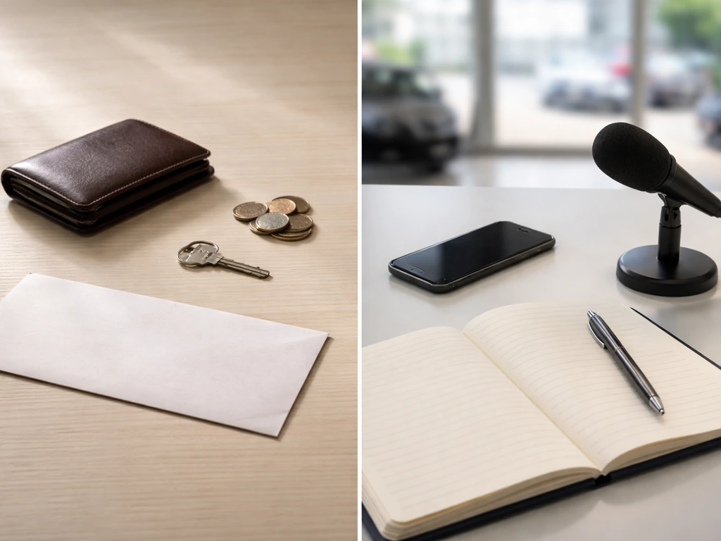 Minimal split scene: personal finances on left and business enterprise value on right, shown with desk objects