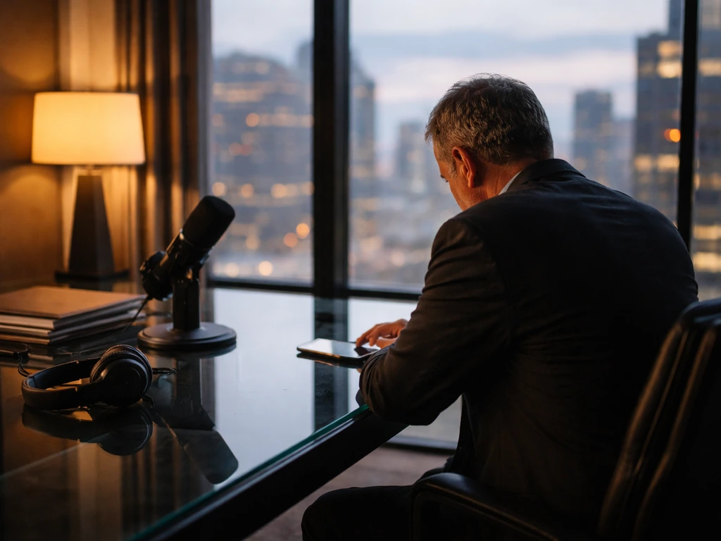 Generic executive at a glass desk with studio mic and headphones, city skyline view behind, media leadership vibe.
