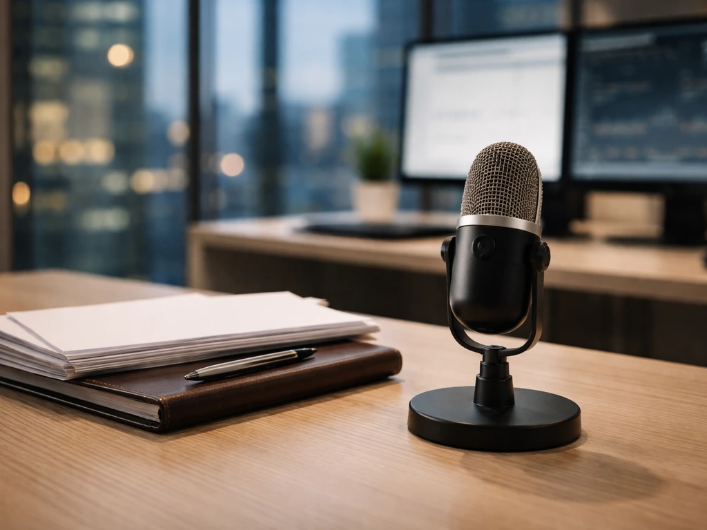 Modern finance newsroom desk with a microphone and scattered documents symbolizing insider filings and net worth analysi