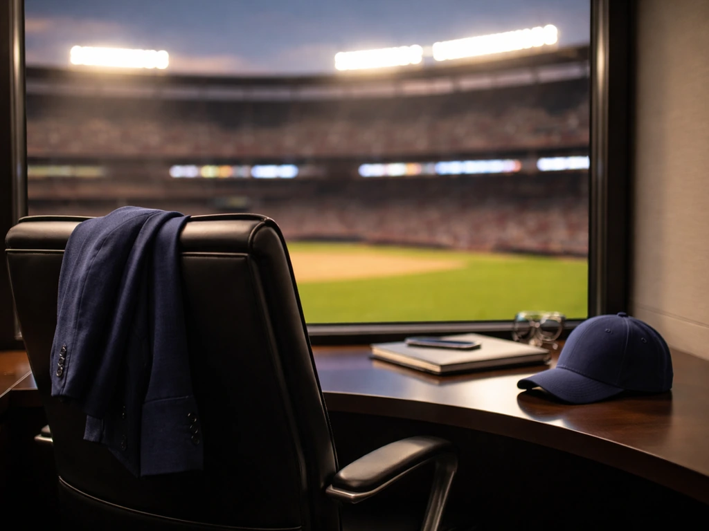 Empty executive suite desk by a stadium window with blurred field lights in the background