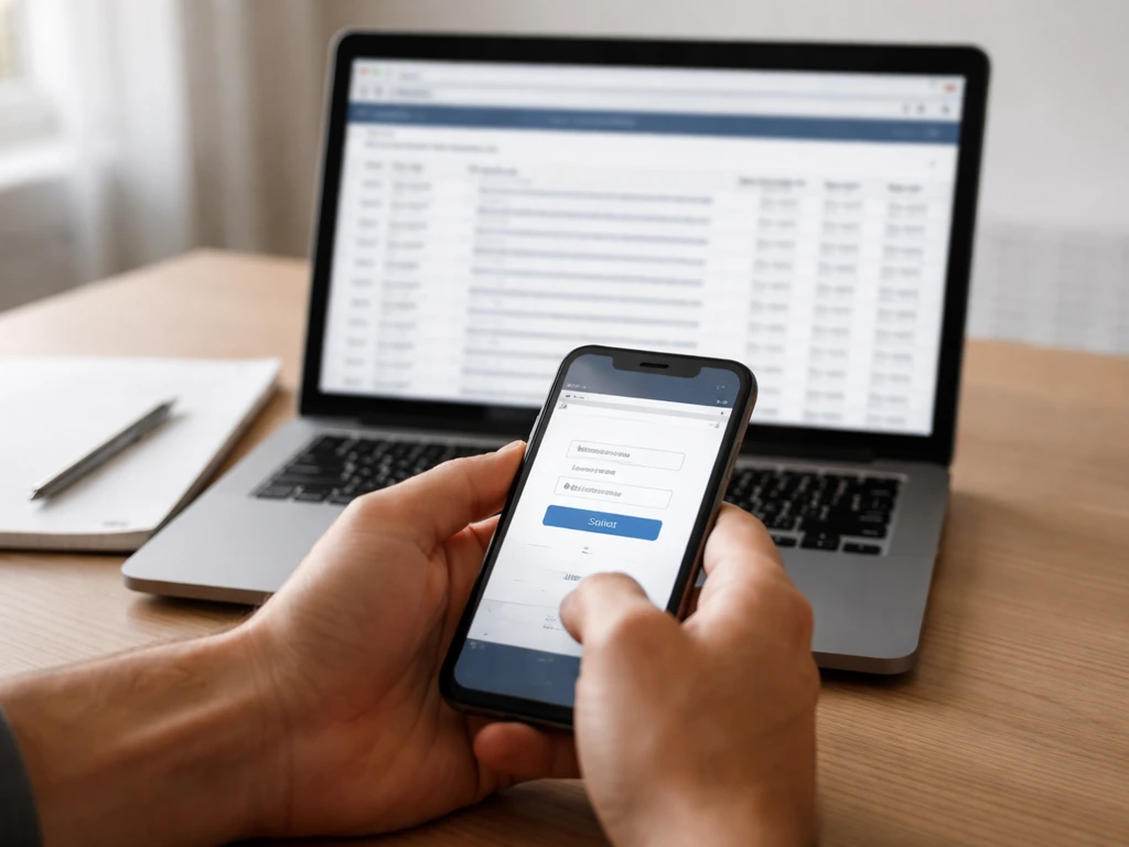 Hand holding smartphone while a laptop shows the SEC EDGAR website for verifying equity ownership data