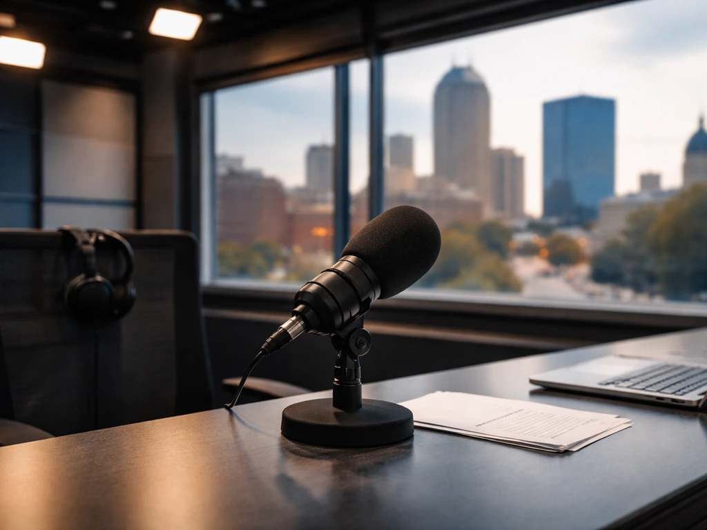Unbranded broadcast microphone on a newsroom desk with an Indianapolis skyline blur in the background.
