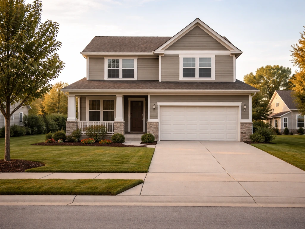 Quiet Indiana suburban home exterior with a tidy driveway and street in view.