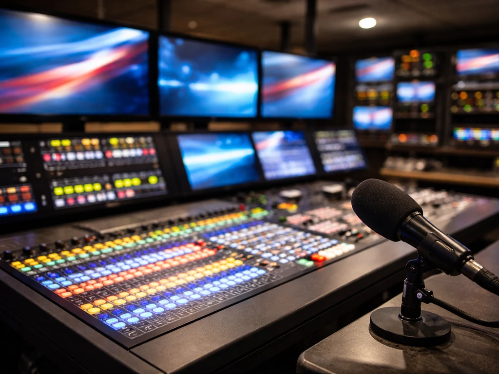 Minimal TV broadcast control room with a studio console and microphone, hinting at regional sports media work.