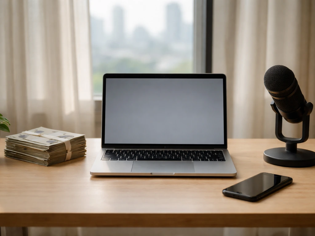 Minimal home office with open laptop and cash envelopes, symbolizing a net worth estimate range and confidence.