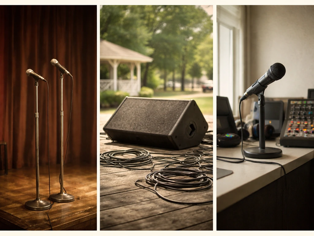Southern gospel quartet stage with vintage microphones and tour gear, hinting at decades of touring