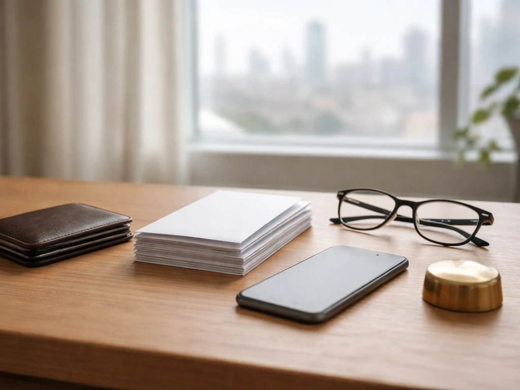 Minimal home office desk with wallet, envelopes, and phone, symbolizing net worth estimates as a range.