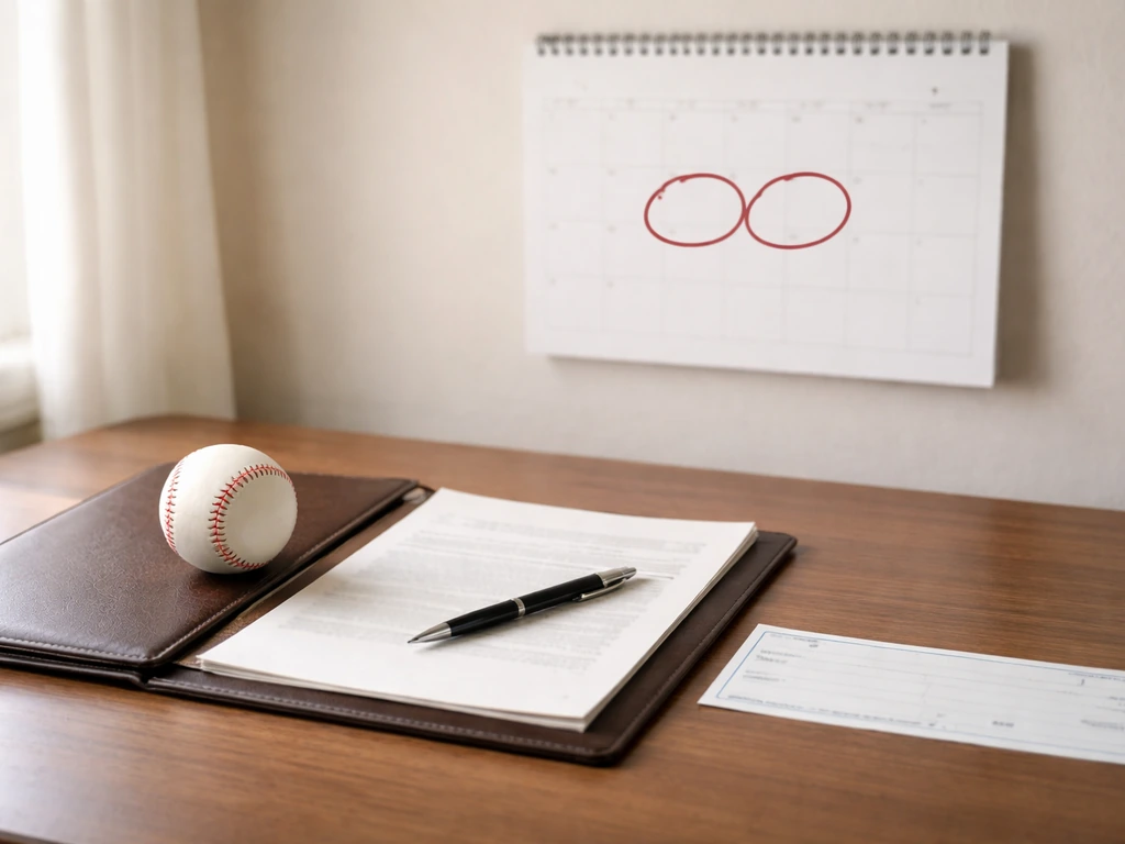 Baseball contract folder on an office desk beside a blank check and a calendar showing two salary outcome dates