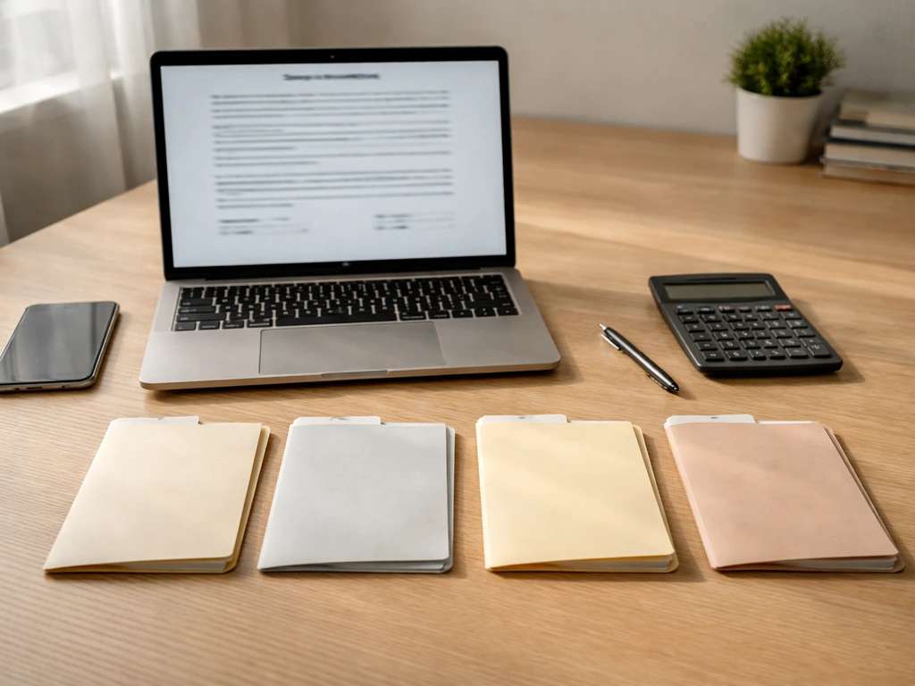 Minimal desk scene with four business reference objects suggesting cross-checking a sports contract estimate.