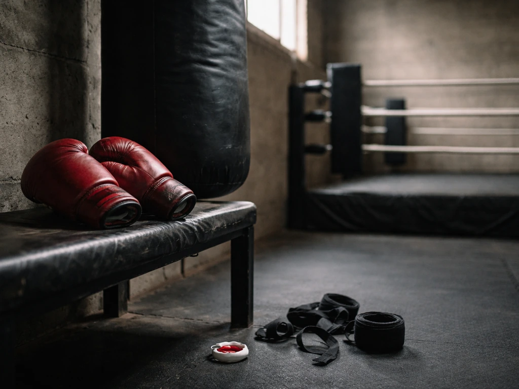 Empty combat gym scene with worn boxing gloves and hand wraps near a heavy bag.
