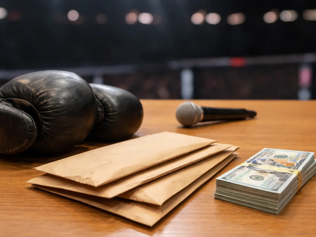 Minimal photo of a UFC-style earnings breakdown concept: boxing gloves and cash envelopes on a desk