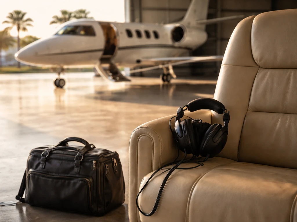 Florida private aviation scene with parked business jet and a captain’s seat setup, identity-focused.