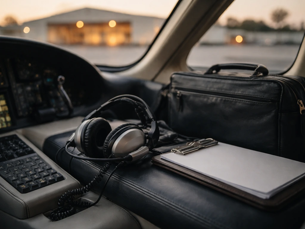 Private jet cockpit interior with a headset and checklist-style clipboard on a dim aircraft desk