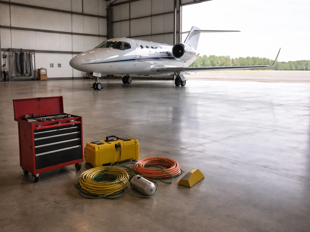 Minimal hangar scene with a business jet and nearby maintenance tools and equipment.
