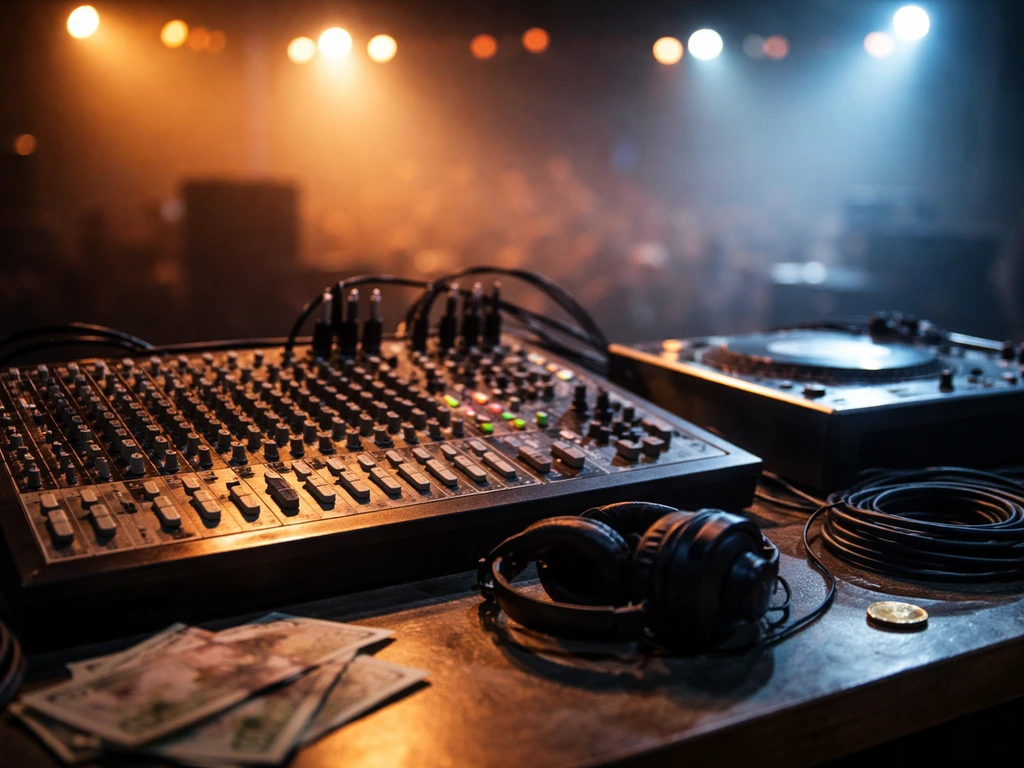 Vintage live sound mixing setup with money-themed lighting, symbolizing net worth verification without showing a person.