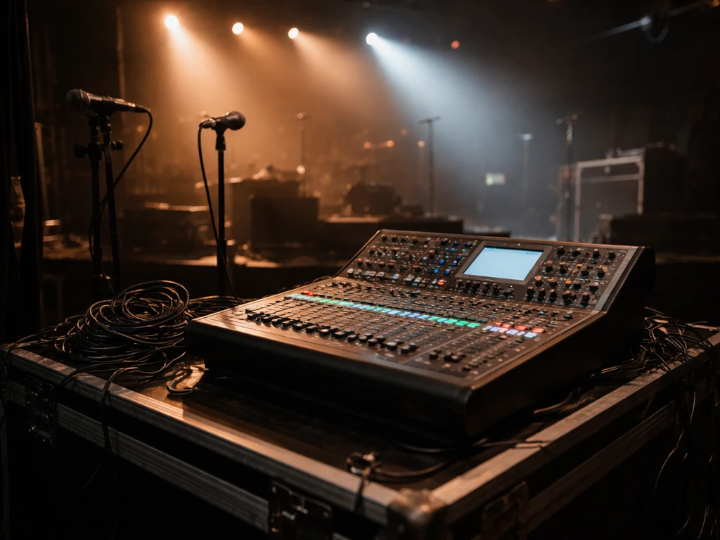 Oasis-era live sound setup with microphones and mixing console lights in a dim venue, no people shown.