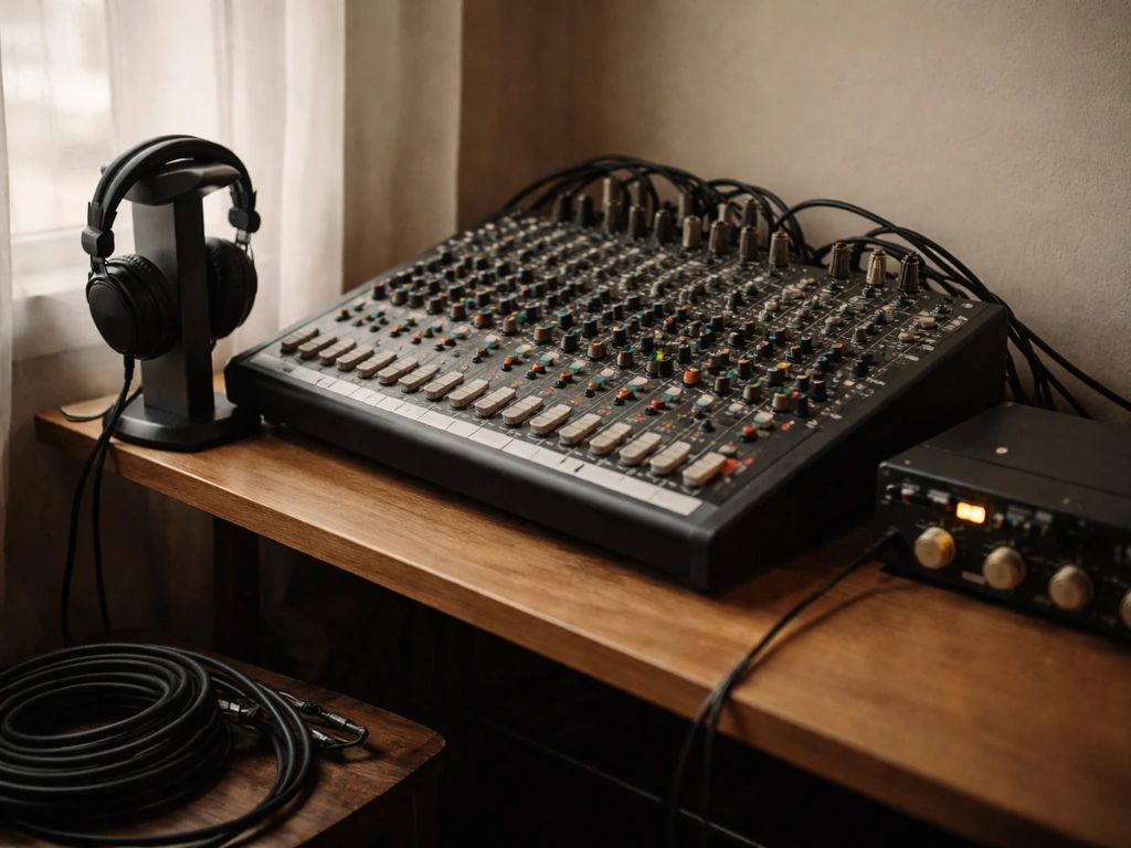 Minimal photo of an Oasis-era live sound engineer’s mixing console, studio headphones, and audio cabling
