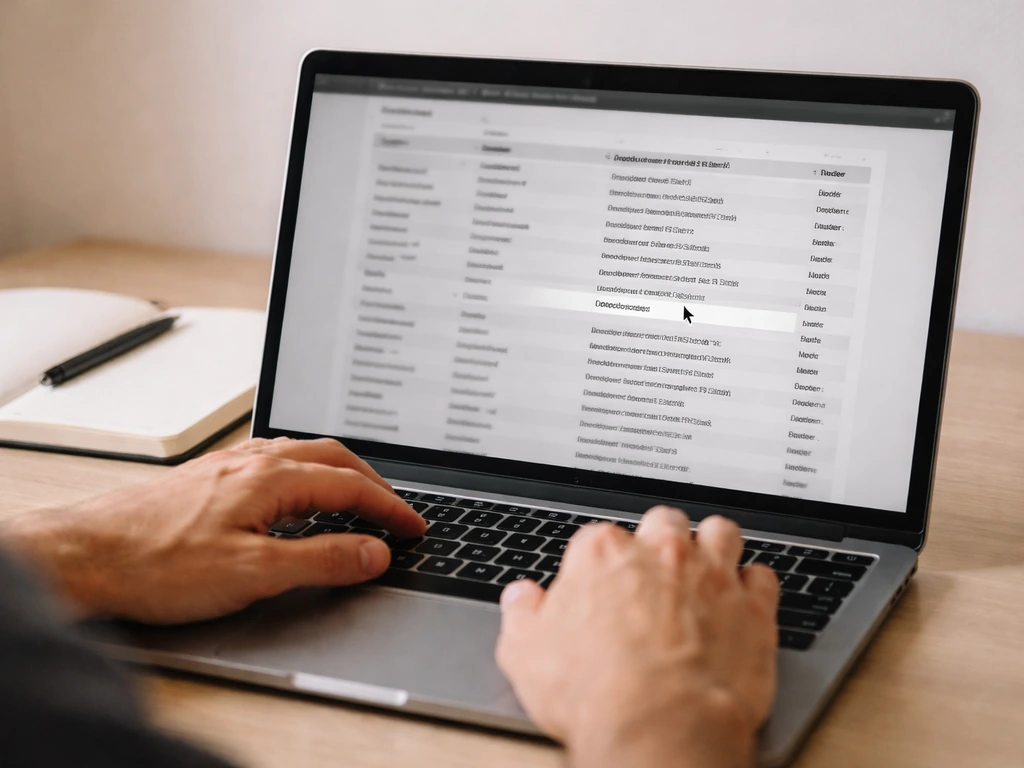 Person using a laptop to verify audio credits, with a focused credit chain on screen