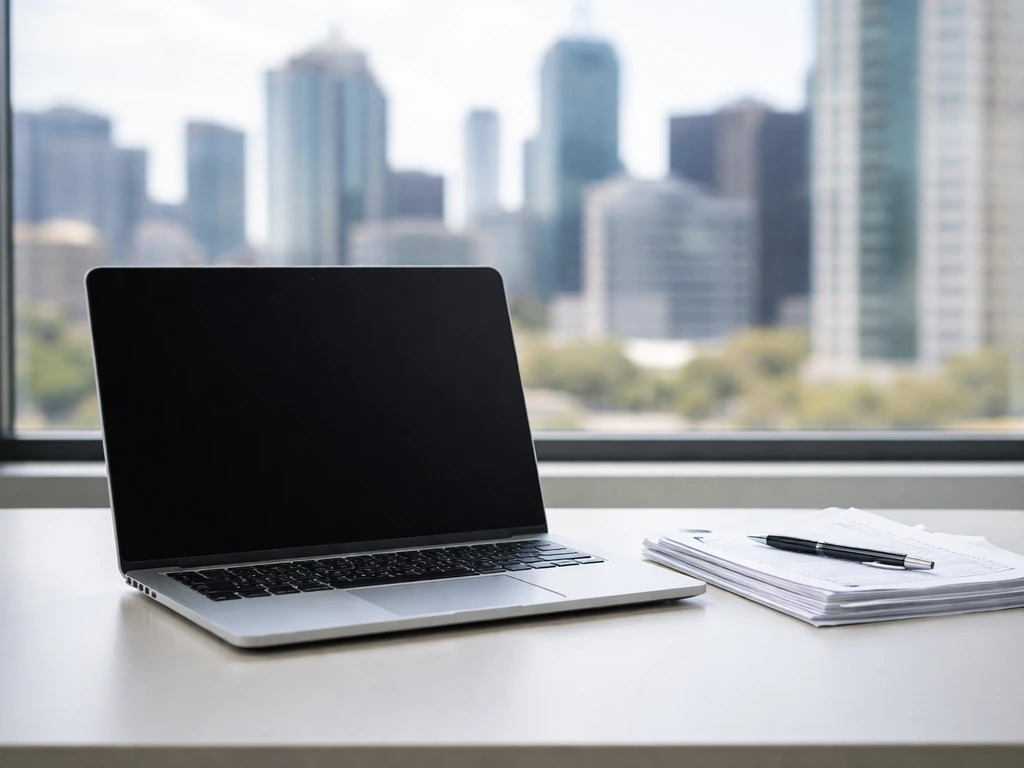 Minimal photo of an investment banking desk setup with a laptop, Australian skyline view, and financial papers