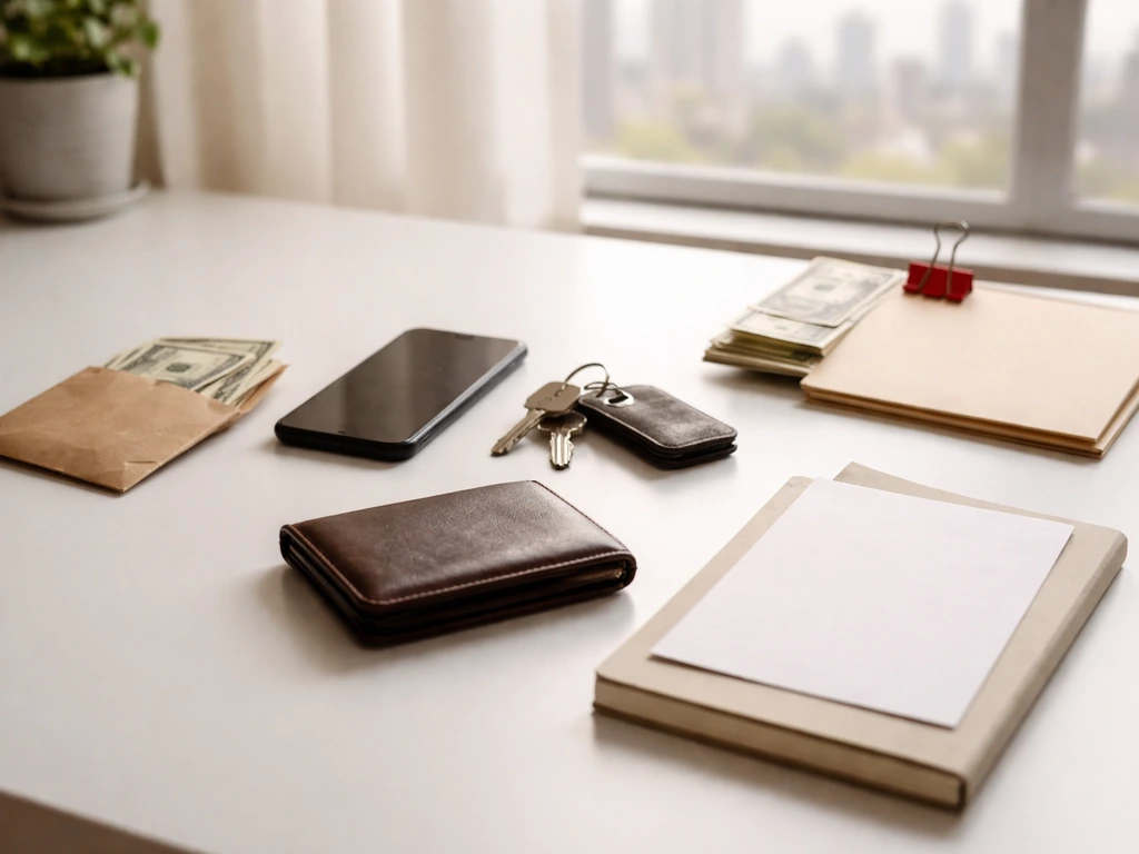 Minimal desk scene with scattered asset and debt items symbolizing net worth calculations