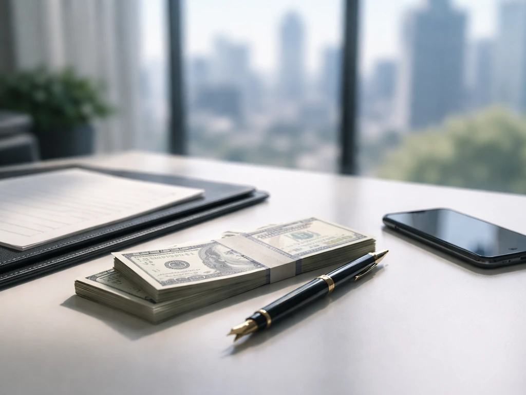 Minimal office desk scene with stacked banknotes, a pen, and a dark phone near a city skyline window.
