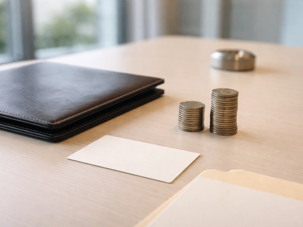 Minimal photo of a private equity desk with a closed leather portfolio and two coin stacks, suggesting fee and carried i
