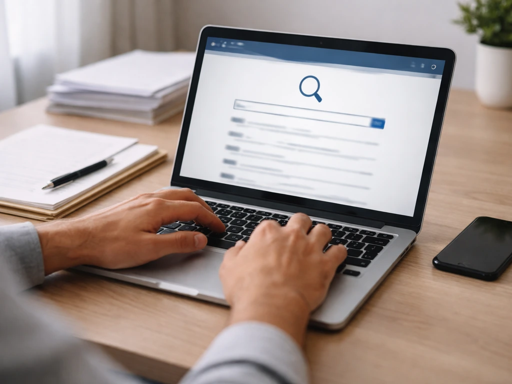 Person using a laptop to look up a company filing site, with paperwork and a smartphone nearby.